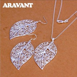 925 Solid Sterling Silver Set Bohemia Jewelry Leaves Necklace Drop Earrings!